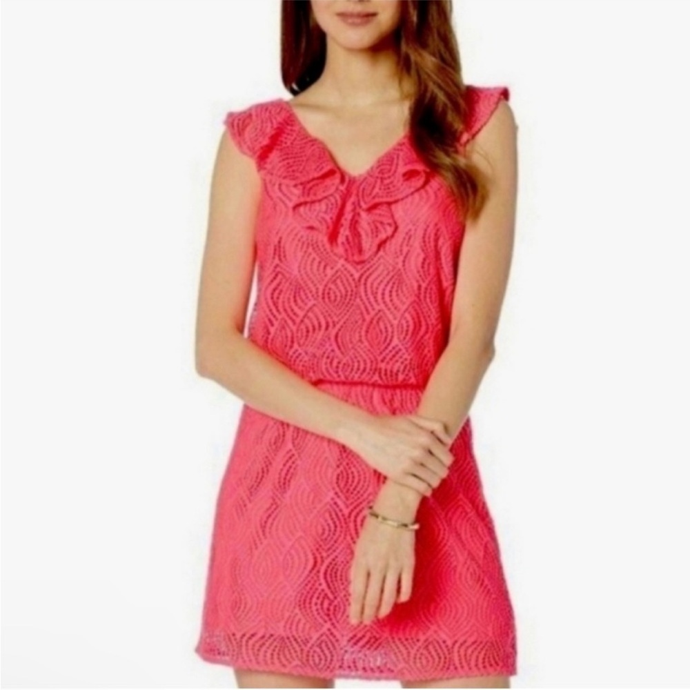 Lilly Pulitzer Pink Lace Romper with Ruffle V-Neck